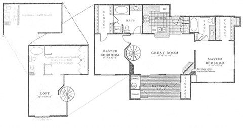 The Clifton Loft Floor Plan; A two bedroom, two bathroom apartment floor plan at Fox Run Lofts in Englewood, Colorado